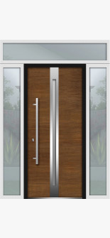 Front Exterior Prehung Steel Door / Deux 1744 Natural Oak / 2 Side and Top Exterior White Window / Stainless Inserts Single Modern Painted-W12+36+12" x H80+16"-Right-hand Inswing