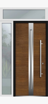 Front Exterior Prehung Steel Door / Deux 1744 Natural Oak / Side and Top Exterior White Window / Stainless Inserts Single Modern Painted-W36+14" x H80+16"-Left-hand Inswing