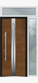 Front Exterior Prehung Steel Door / Deux 1744 Natural Oak / Side and Top Exterior White Window / Stainless Inserts Single Modern Painted-W36+16" x H80+16"-Right-hand Inswing