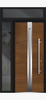 Front Exterior Prehung Steel Door / Deux 1744 Natural Oak / Side and Top Exterior Black Window / Stainless Inserts Single Modern Painted-W36+14" x H80+16"-Left-hand Inswing