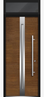 Front Exterior Prehung Steel Door / Deux 1744 Natural Oak / Top Exterior Black Window / Stainless Inserts Single Modern Painted-W36" x H80+16"-Left-hand Inswing