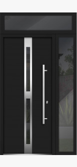 Front Exterior Prehung Steel Door / Deux 1755 Black Enamel / Side and Top Exterior Window / Stainless Inserts Single Modern Painted-W36+12" x H80+16"-Left-hand Inswing