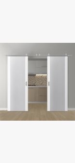 DOUBLE BARN DOOR PALLADIO 202 VETRO BIANCO NOBLE 36" X 80" X 1 9/16" TEMPERED FROSTED GLASS STAINLESS STEEL HARDWARE