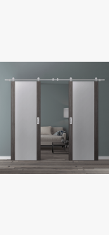 DOUBLE BARN DOOR PALLADIO 202 VETRO GRAY OAK 36" X 80" X 1 9/16" TEMPERED FROSTED GLASS STAINLESS STEEL HARDWARE