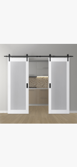 DOUBLE BARN DOOR PALLADIO 207 VETRO BIANCO NOBLE 36" X 80" X 1 9/16" TEMPERED FROSTED GLASS BLACK HARDWARE