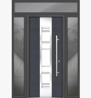 Front Exterior Prehung Steel Door / Deux 0757 Gray Graphite / 2 Side and Top Exterior Window / Stainless Inserts Single Modern Painted-W16+36+16" x H80+16"-Left-hand Inswing