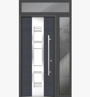 Front Exterior Prehung Steel Door / Deux 0757 Gray Graphite / Side and Top Exterior Window / Stainless Inserts Single Modern Painted-W36+14" x H80+16"-Left-hand Inswing