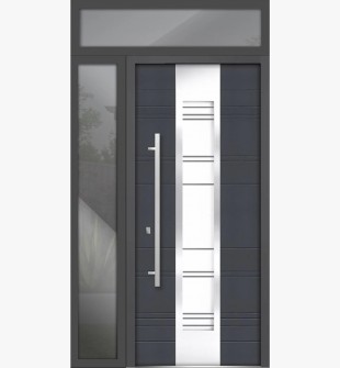 Front Exterior Prehung Steel Door / Deux 0757 Gray Graphite / Side and Top Exterior Window / Stainless Inserts Single Modern Painted-W36+14" x H80+16"-Right-hand Inswing