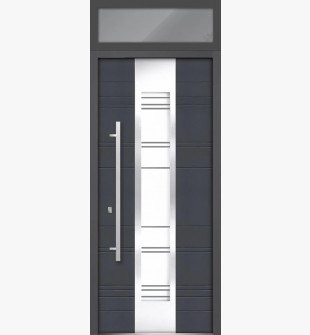 36 x 96 Front Exterior Prehung Steel Door / Deux 0757 Gray Graphite / Top Exterior Window / Stainless Inserts Single Modern Painted Right-hand Inswing