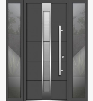 Front Exterior Prehung Steel Door / Deux 1717 Gray Graphite / 2 Side Exterior Windows / Stainless Inserts Single Modern Painted-W16+36+16" x H80"-Left-hand Inswing