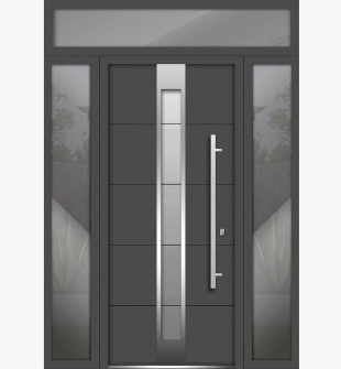 Gray Front Exterior Prehung Steel Door / Deux 1717 / 2 Side and Top Exterior Window / Stainless Inserts Single Modern Painted-W12+36+12" x H80+16"-Left-hand Inswing