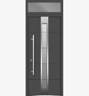 36 x 96 Front Exterior Prehung Steel Door / Deux 1717 Gray Graphite / Top Exterior Window / Stainless Inserts Single Modern Painted-Right-hand Inswing