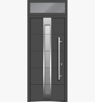 Front Exterior Prehung Steel Door / Deux 1717 Gray Graphite / Top Exterior Window / Stainless Inserts Single Modern Painted-W36" x H80+16"-Left-hand Inswing
