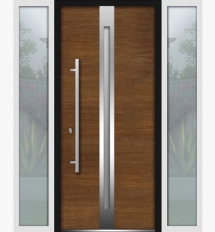 Front Exterior Prehung Steel Door / Deux 1744 Natural Oak / 2 Side Exterior White Windows / Stainless Inserts Single Modern Painted-W12+36+12" x H80"-Right-hand Inswing