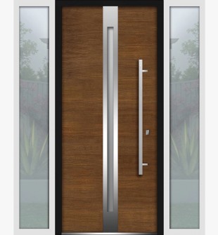 Front Exterior Prehung Steel Door / Deux 1744 Natural Oak / 2 Side Exterior White Windows / Stainless Inserts Single Modern Painted-W16+36+16" x H80"-Left-hand Inswing