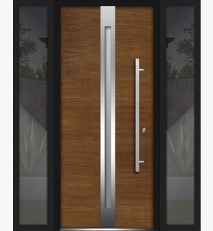 Front Exterior Prehung Steel Door / Deux 1744 Natural Oak / 2 Side Exterior Black Windows / Stainless Inserts Single Modern Painted-W12+36+12" x H80"-Left-hand Inswing