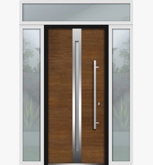 Front Exterior Prehung Steel Door / Deux 1744 Natural Oak / 2 Side and Top Exterior White Window / Stainless Inserts Single Modern Painted-W14+36+14" x H80+16"-Left-hand Inswing