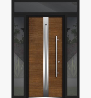 Front Exterior Prehung Steel Door / Deux 1744 Natural Oak / 2 Side and Top Exterior Black Window / Stainless Inserts Single Modern Painted-W14+36+14" x H80+16"-Left-hand Inswing