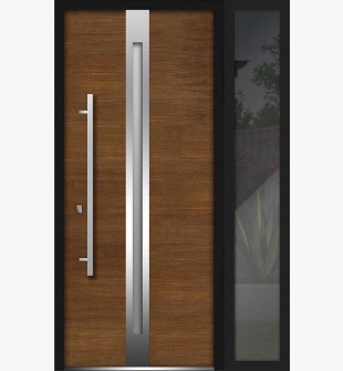 Front Exterior Prehung Steel Door / Deux 1744 Natural Oak / Side Exterior Black Window / Stainless Inserts Single Modern Painted-W36+16" x H80"-Right-hand Inswing