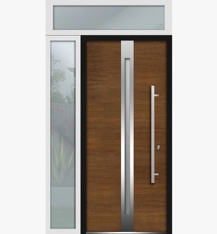 W48 x H96 Front Exterior Prehung Steel Door / Deux 1744 Natural Oak / Side and Top Exterior White Window / Left-hand Inswing