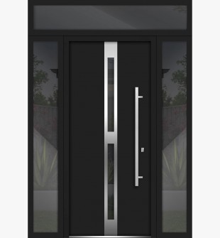 Front Exterior Prehung Steel Door / Deux 1755 Black Enamel / 2 Side and Top Exterior Window / Stainless Inserts Single Modern Painted-W12+36+12" x H80+16"-Left-hand Inswing