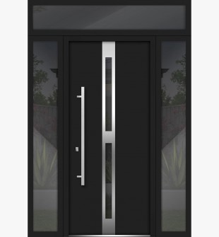Front Exterior Prehung Steel Door / Deux 1755 Black Enamel / 2 Side and Top Exterior Window / Stainless Inserts Single Modern Painted-W14+36+14" x H80+16"-Right-hand Inswing