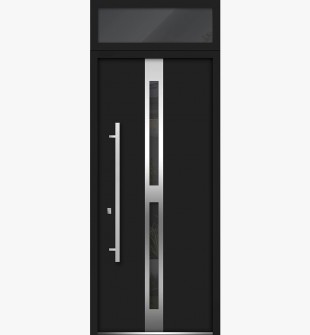 W36" x H96" Front Exterior Prehung Steel Door / Deux 1755 Black Enamel / Top Exterior Window / Stainless Inserts Single Modern Painted-Right-hand Inswing