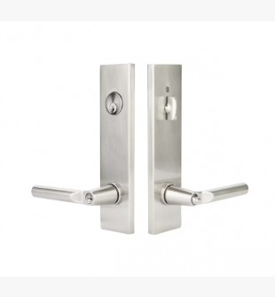 EMTEK MODERN RECTANGULAR TWO-POINT, DUMMY, PAIR WITH HANOVER LEVERS 5312 SINGLE CYLINDER SATIN NICKEL US15