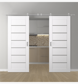 DOUBLE BARN DOOR ALBA SNOW WHITE 48" X 80" X 1 3/4" STAINLESS STEEL HARDWARE