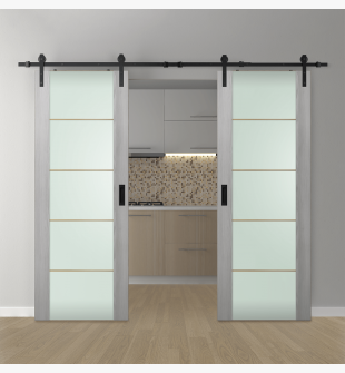 DOUBLE BARN DOOR AVON 202 4H GOLD STRIPS VETRO RIBEIRA ASH 64" X 84" X 1 3/4" BLACK HARDWARE