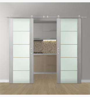 DOUBLE BARN DOOR AVON 202 4H GOLD STRIPS VETRO RIBEIRA ASH 56" X 84" X 1 3/4" STAINLESS STEEL HARDWARE