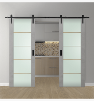 DOUBLE BARN DOOR AVON 202 4H GOLD STRIPS VETRO LIGHT URBAN 48" X 84" X 1 3/4" BLACK HARDWARE