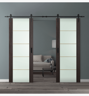 DOUBLE BARN DOOR AVON 202 4H GOLD STRIPS VETRO VERALINGA OAK 36" X 96" X 1 3/4" BLACK HARDWARE