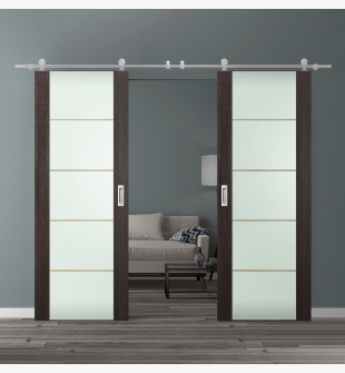 DOUBLE BARN DOOR AVON 202 4H GOLD STRIPS VETRO VERALINGA OAK 72" X 84" X 1 3/4" STAINLESS STEEL HARDWARE