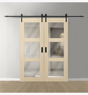 DOUBLE BARN DOOR AVON 3 LITE VETRO LOIRE ASH 56" X 84" X 1 3/4" BLACK HARDWARE