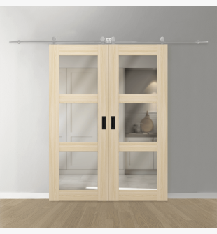 DOUBLE BARN DOOR AVON 3 LITE VETRO LOIRE ASH 56" X 80" X 1 3/4" STAINLESS STEEL HARDWARE