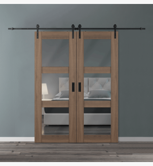 DOUBLE BARN DOOR AVON 3 LITE VETRO PECAN NUTWOOD 72" X 84" X 1 3/4" BLACK HARDWARE
