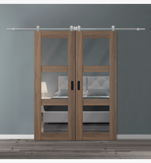 DOUBLE BARN DOOR AVON 3 LITE VETRO PECAN NUTWOOD 56" X 80" X 1 3/4" STAINLESS STEEL HARDWARE