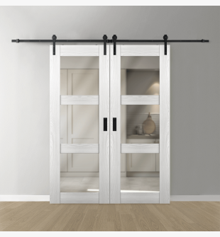 DOUBLE BARN DOOR AVON 3 LITE VETRO RIBEIRA ASH 60" X 80" X 1 3/4" BLACK HARDWARE