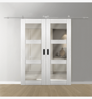 DOUBLE BARN DOOR AVON 3 LITE VETRO RIBEIRA ASH 64" X 96" X 1 3/4" STAINLESS STEEL HARDWARE