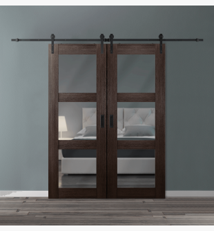 DOUBLE BARN DOOR AVON 3 LITE VETRO VERALINGA OAK 60" X 96" X 1 3/4" BLACK HARDWARE
