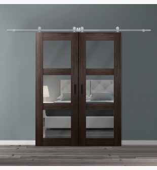 DOUBLE BARN DOOR AVON 3 LITE VETRO VERALINGA OAK 60" X 84" X 1 3/4" STAINLESS STEEL HARDWARE