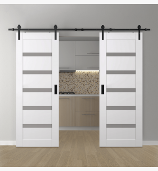 DOUBLE BARN DOOR LEORA VETRO SNOW WHITE 48" X 80" X 1 3/4" BLACK HARDWARE