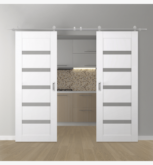 DOUBLE BARN DOOR LEORA VETRO SNOW WHITE 56" X 84" X 1 3/4" STAINLESS STEEL HARDWARE