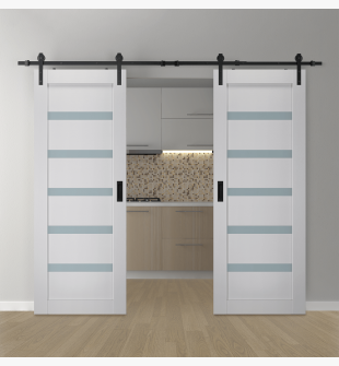 DOUBLE BARN DOOR LEORA VETRO BIANCO NOBLE 48" X 84" X 1 9/16" BLACK HARDWARE