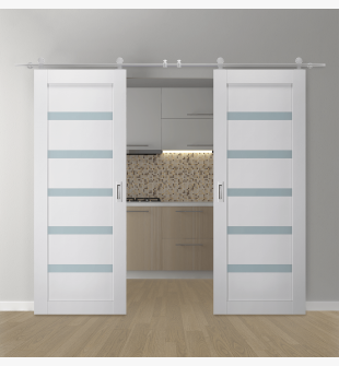 DOUBLE BARN DOOR LEORA VETRO BIANCO NOBLE 36" X 96" X 1 9/16" STAINLESS STEEL HARDWARE