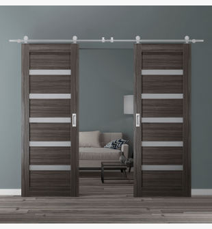 DOUBLE BARN DOOR LEORA VETRO GRAY OAK 48" X 80" X 1 9/16" STAINLESS STEEL HARDWARE