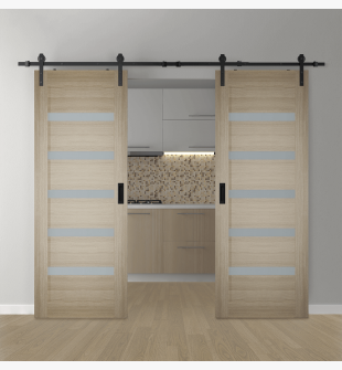 DOUBLE BARN DOOR LEORA VETRO SHAMBOR 72" X 84" X 1 3/4" BLACK HARDWARE