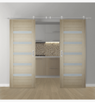 DOUBLE BARN DOOR LEORA VETRO SHAMBOR 72" X 96" X 1 3/4" STAINLESS STEEL HARDWARE