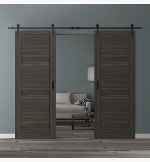 DOUBLE BARN DOOR LOUVER GRAY OAK 36" X 80" X 1 3/4" BLACK HARDWARE